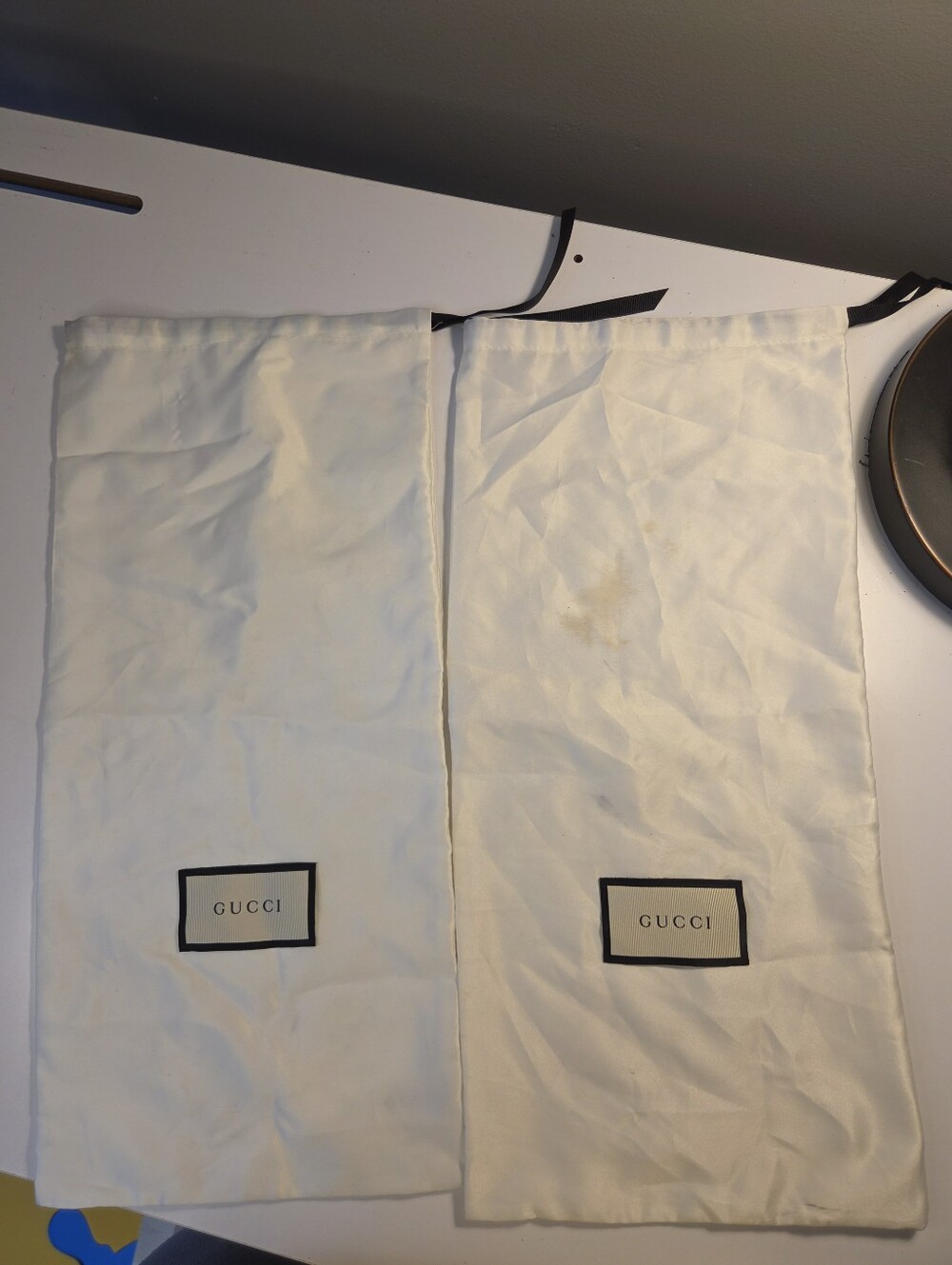 Gucci White Drawstring Dust Bags - Pair with Black Logo Trim Bundle Of Two